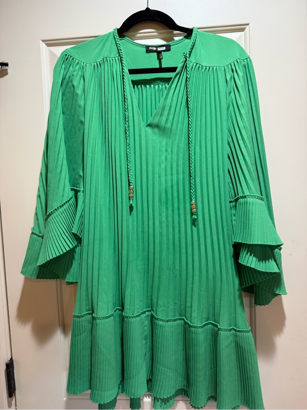 Maje Bright Green Pleated V-Neck Tunic with Braided Ties